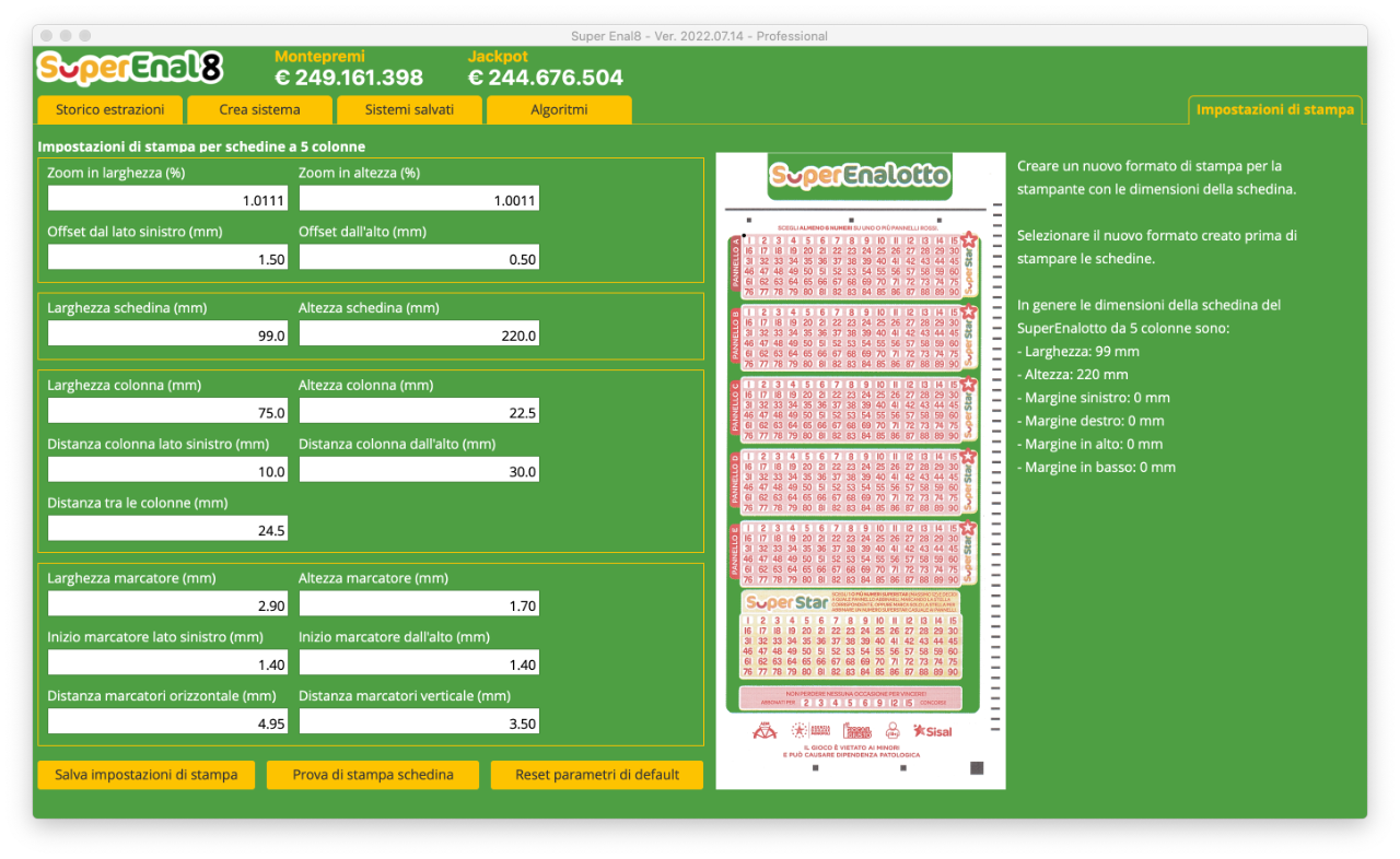 Numeri Spia SuperEnalotto - Impostazioni di stampa millimetrica