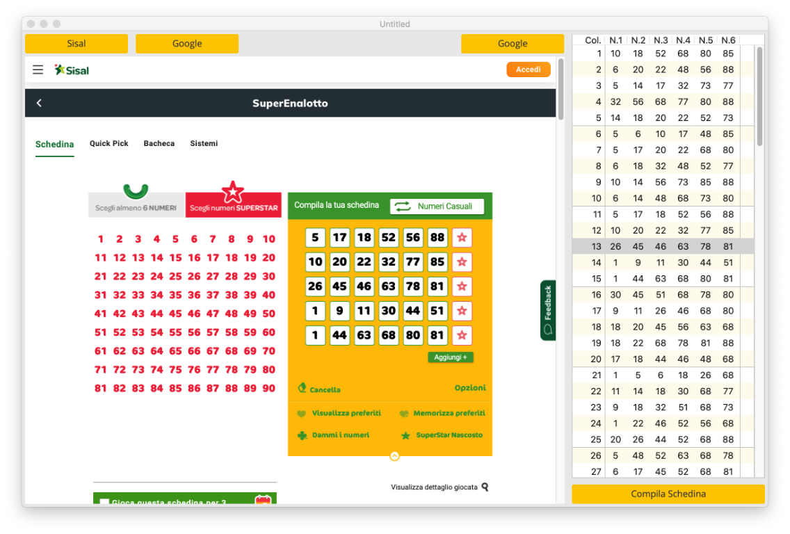SuperEnalotto Statistiche - Pannello di gioco e schedina online